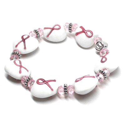 Pink Ribbon 16mm Large Glass Heart Stretch Elastic Large Chunky Bracelet - image5